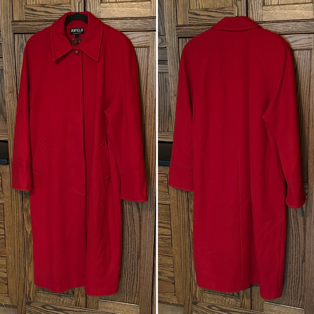 Vintage JOFELD Long Red Wool Pea Coat Overcoat Jacket Winter Holiday Women’s 14